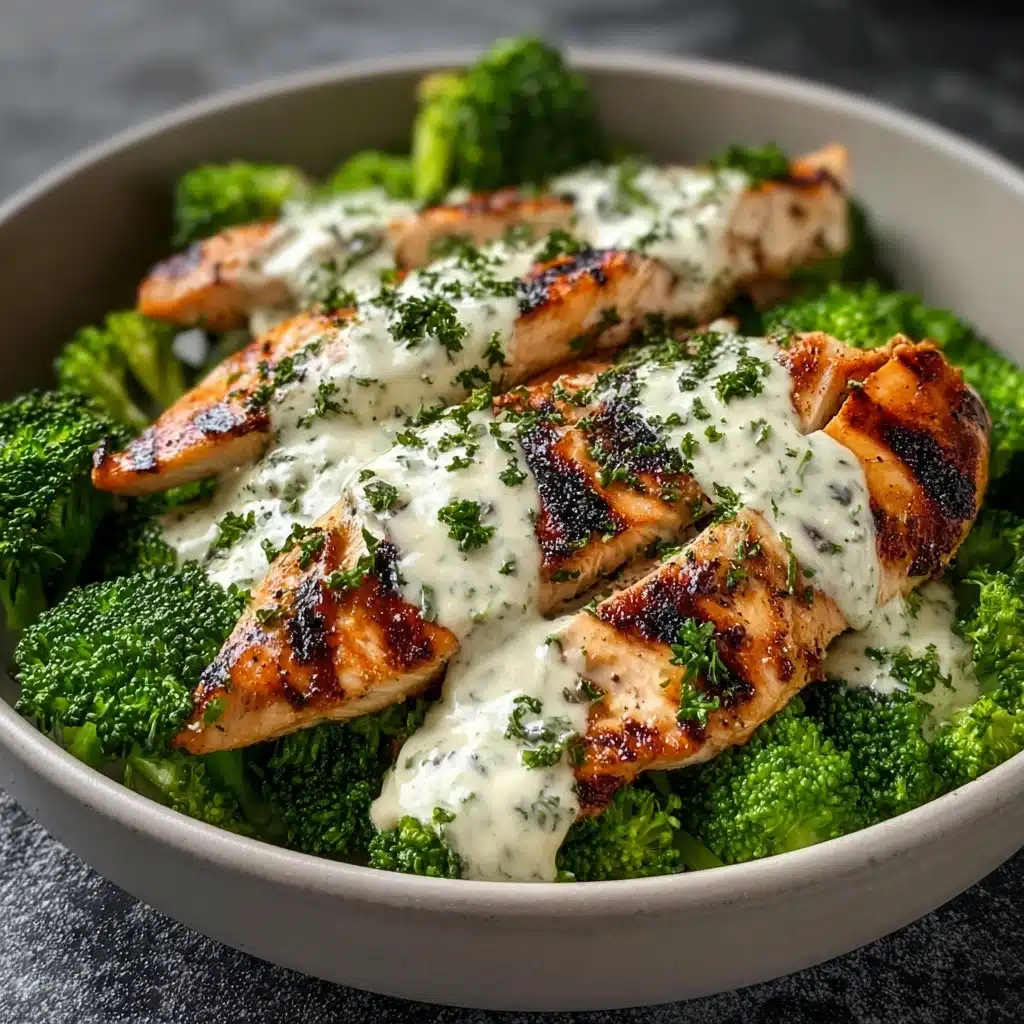 Grilled Chicken & Broccoli Bowls with Creamy Garlic Sauce Recipe