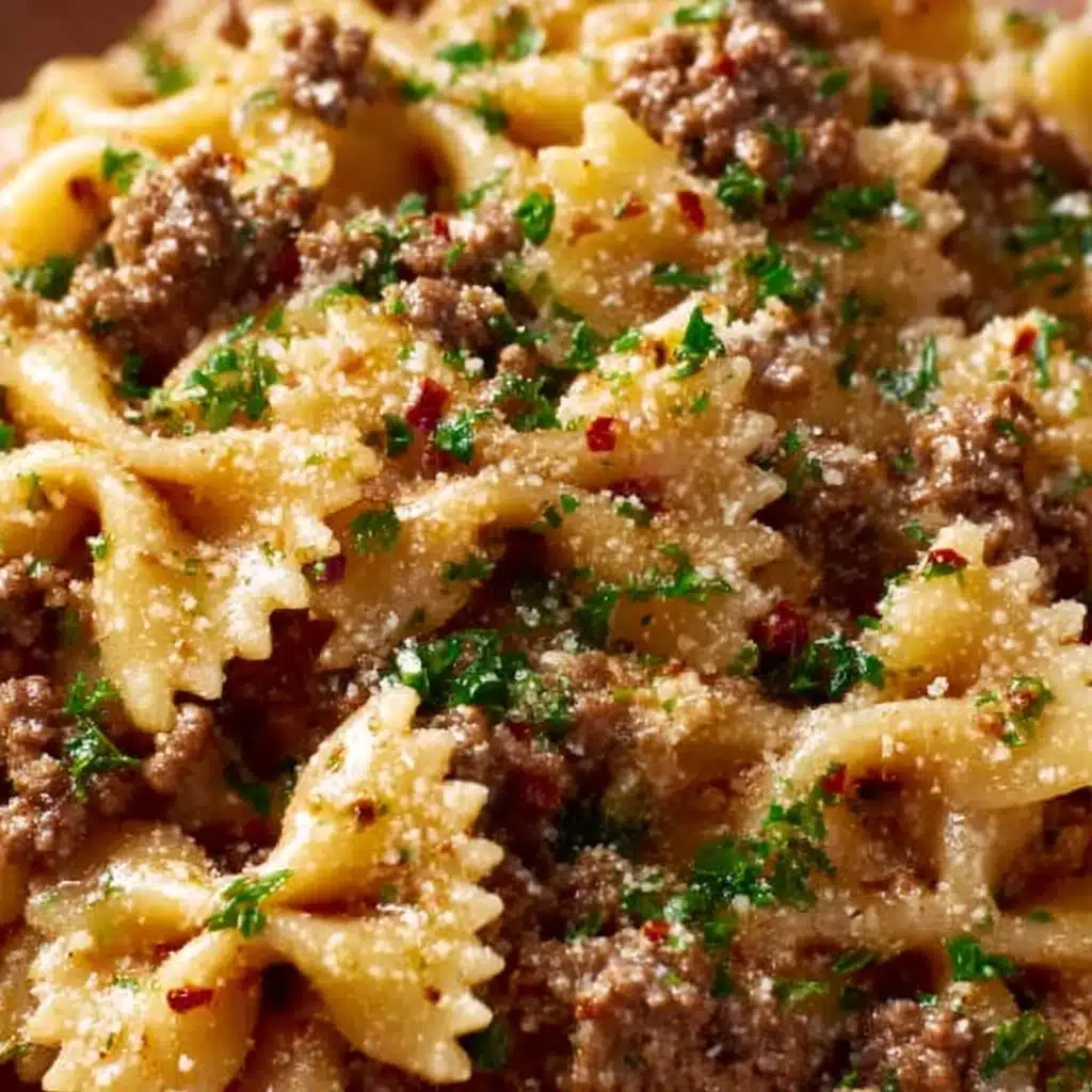 Garlic Butter Bowtie Pasta with Ground Beef Recipe - Recipe Image