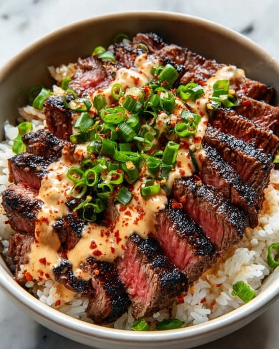 The dish shows a close-up of a bowl filled with white rice at the bottom layer, topped with slices of medium-rare steak arranged in a neat row. The steak slices have a dark seared crust with a warm pink center. On top of the steak is a creamy orange sauce drizzled in a zigzag pattern. Bright green chopped scallions are sprinkled over the sauce, adding a fresh touch. The bowl is white and the background is a white marbled texture. The photo was taken with an iphone --ar 4:5 --v 7