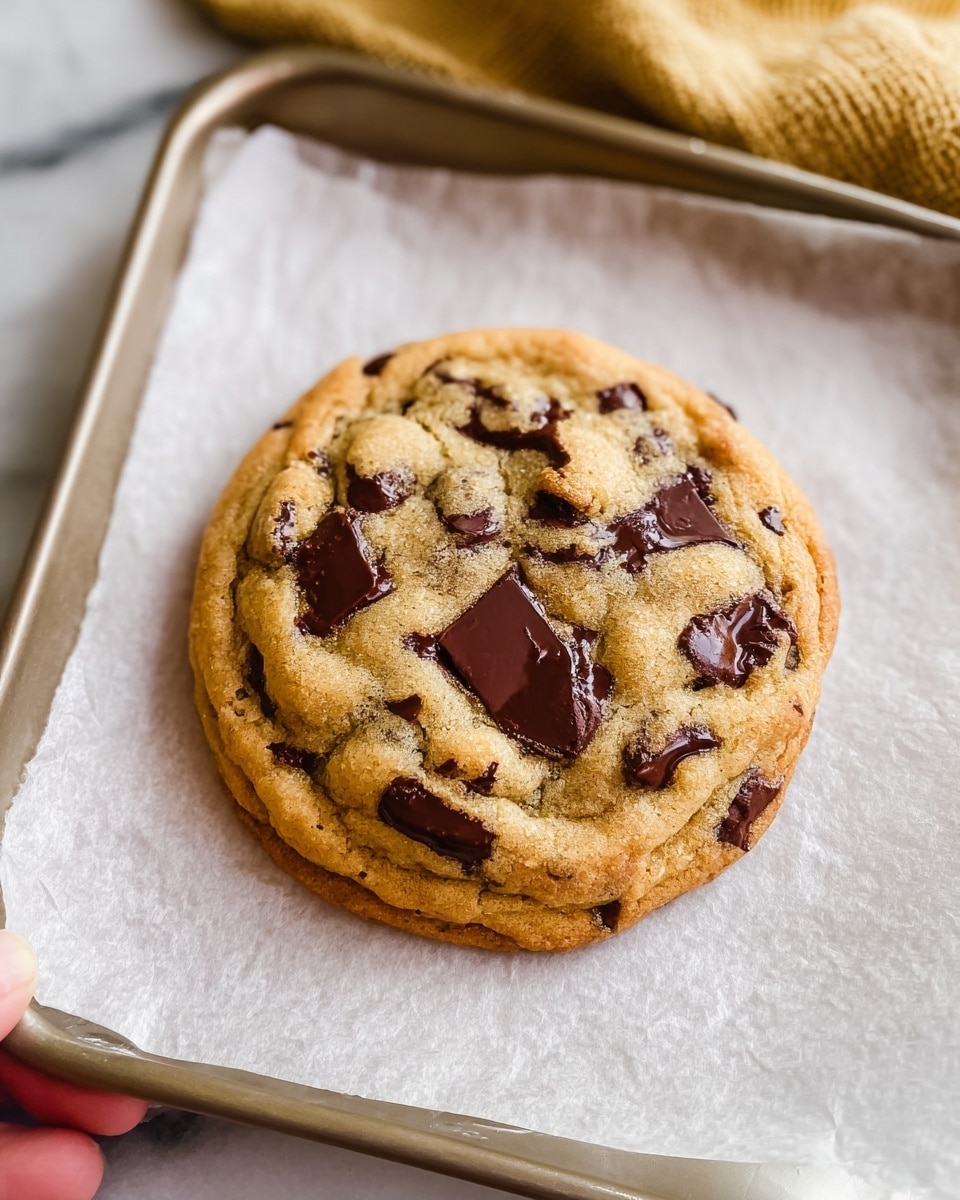 A single thick chocolate chip cookie sits on a piece of white parchment paper that covers a metal baking tray. The cookie is golden brown with a soft, slightly crinkled texture and large, shiny dark brown chocolate chunks scattered across the top. The background includes a hint of a folded golden cloth in the upper part of the image, all placed on a white marbled surface. photo taken with an iphone --ar 4:5 --v 7