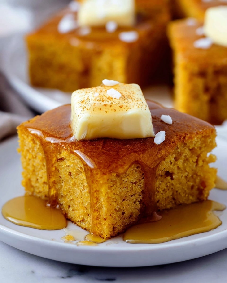 A close-up of a square piece of moist orange-brown cornbread with a slightly crumbly texture, topped with a thick layer of golden syrup dripping down the sides and pooling on the white plate below. On top of the syrup, there is a smooth, pale yellow square of butter sprinkled with a tiny amount of cinnamon and a few white flakes of salt. In the blurred background, similar square pieces of cornbread with small white flake toppings are visible, all placed on a white marbled surface. Photo taken with an iphone --ar 4:5 --v 7