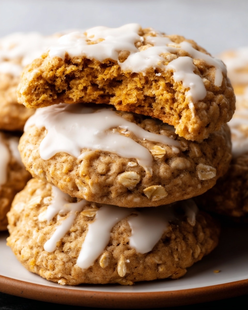 The image shows a close-up of three stacked cookies on a white plate resting on a white marbled surface. The cookies are golden brown with a rough texture, featuring visible oats embedded in the dough. The top cookie is broken in half, revealing a soft, crumbly interior with a slightly darker brown shade. Each cookie is partly covered with a smooth, white icing drizzle that curves naturally over the uneven surface. The lighting highlights the cookies' textures, making the oats and icing stand out clearly. Photo taken with an iphone --ar 4:5 --v 7