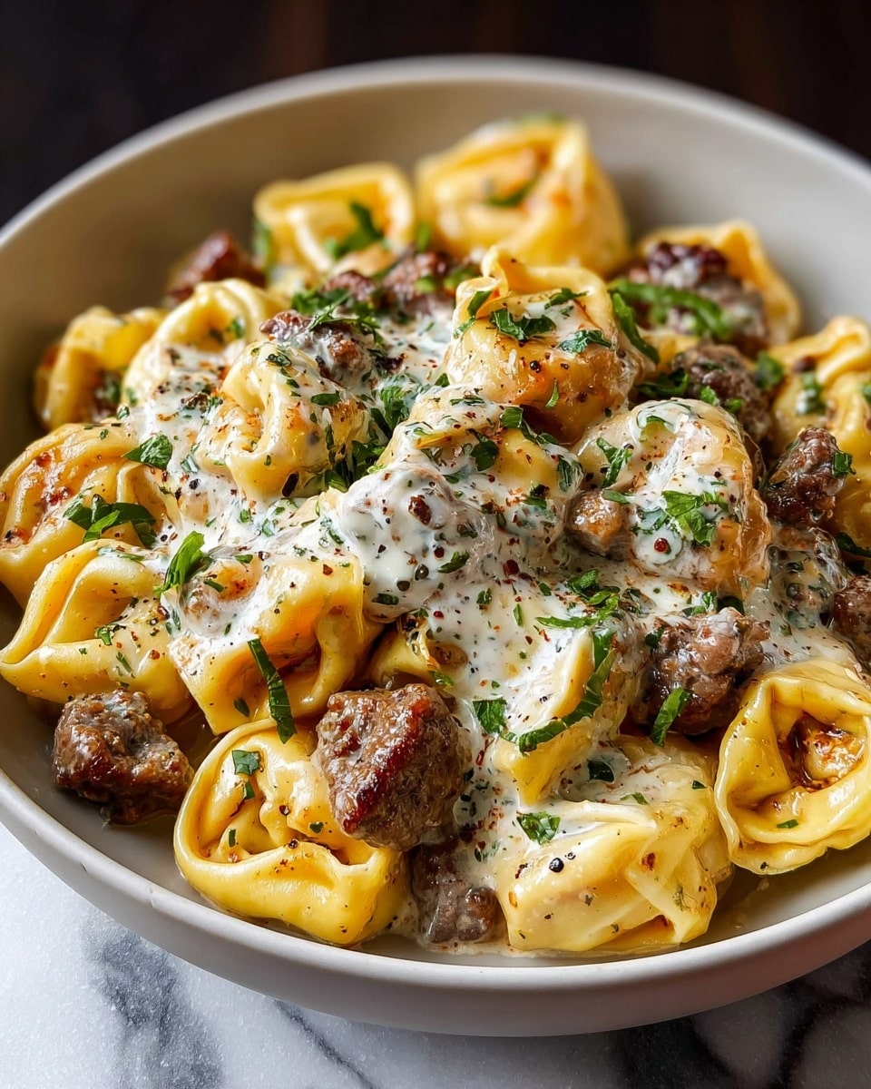 The dish shows a single white bowl filled with golden-yellow tortellini pasta, each piece plump and slightly browned on the edges, layered with small chunks of browned meat on top. A creamy white sauce with visible green herbs and black pepper specks is drizzled over the pasta and meat, blending with the colors while some fresh green herbs are sprinkled over everything to add a fresh touch. The bowl sits on a white marbled surface, and the details of the creamy sauce and seared pasta are clear and inviting. photo taken with an iphone --ar 4:5 --v 7