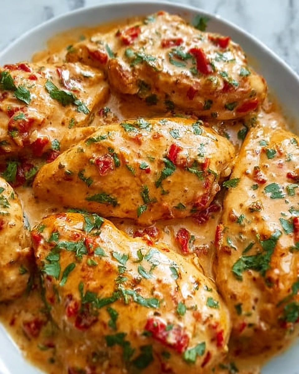The image shows several pieces of cooked chicken breast covered in a creamy sauce. The sauce is light orange with visible small red and green bits, likely chopped red peppers and fresh herbs scattered evenly on top. The chicken pieces look tender and juicy with a slightly golden-brown color from cooking. The dish appears to be on a white marbled surface with the sauce coating both the meat and the area around it, giving the food a rich and moist texture. Photo taken with an iphone --ar 4:5 --v 7