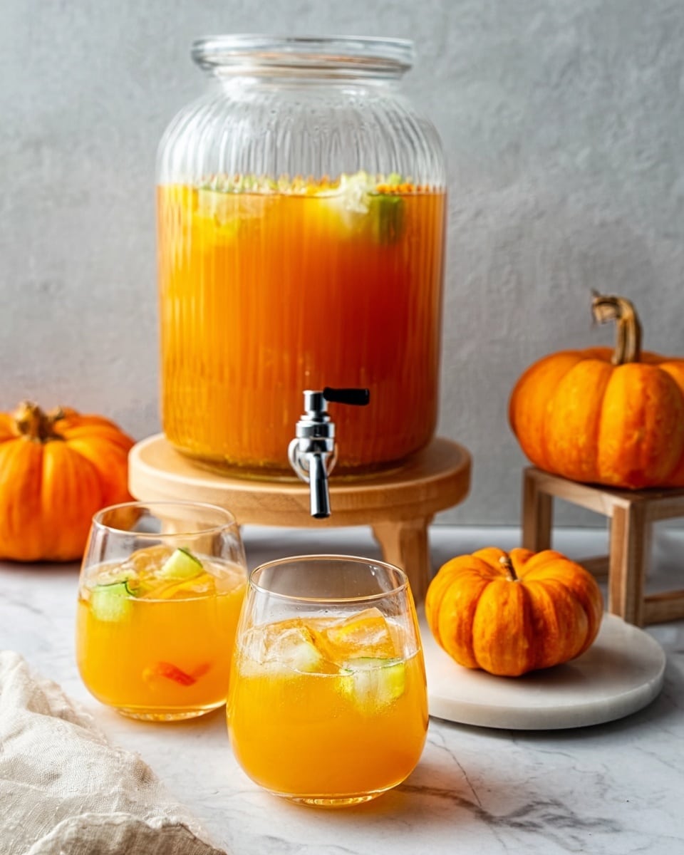 The image shows a clear glass dispenser with a black tap filled with bright orange juice. The dispenser sits on a light wooden stand on a white marbled surface. In front of the dispenser are two short clear glasses filled with the same bright orange juice. Each glass has small ice cubes and pieces of fruit on top, adding a mix of light yellow and green colors. In the background, there are two small orange pumpkins placed near a white cloth. The setting is bright and simple with a fresh, autumn feel. photo taken with an iphone --ar 4:5 --v 7