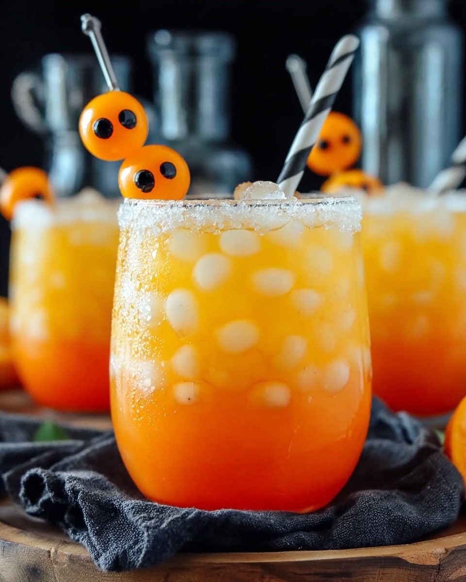 The image shows a glass filled with a three-layer orange drink, starting with a bright orange layer at the bottom mixed with ice cubes and round white pieces, a lighter orange middle layer, and a more transparent yellow-orange layer on top. The rim of the glass is coated with coarse white salt. A black-and-white striped straw leans inside the glass, and a small round orange garnish with two black dots rests on the glass rim next to the straw. In the background, two more similar glasses with the same drink and garnish are slightly blurred. The glasses sit on a dark cloth on a white marbled surface. photo taken with an iphone --ar 4:5 --v 7