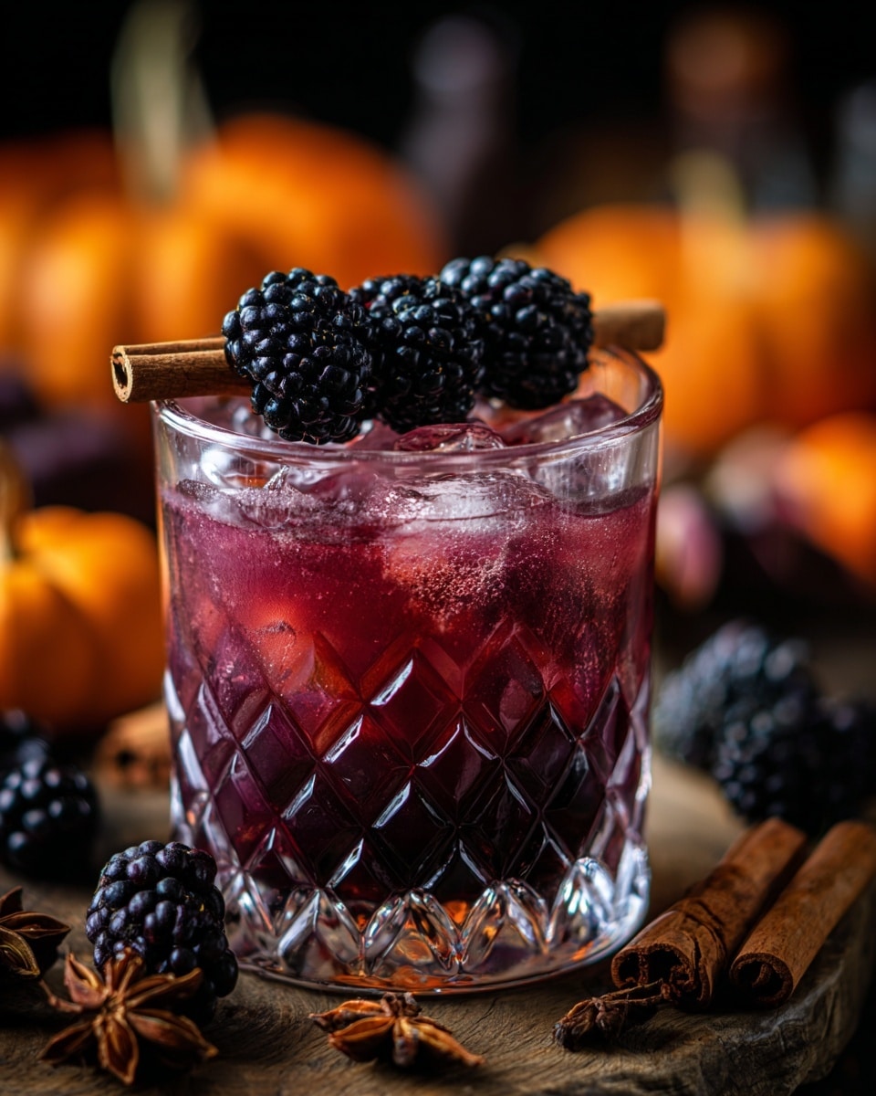 The image shows a short clear glass with a diamond pattern filled with a dark purple to red layered drink, with ice cubes floating near the top. On the top layer, there are three shiny blackberries and a cinnamon stick standing at an angle. Around the glass on a wooden surface, there are scattered blackberries, star anise, and cinnamon sticks. In the blurred background, small orange pumpkins and soft dark shapes add a warm, cozy feeling. photo taken with an iphone --ar 4:5 --v 7