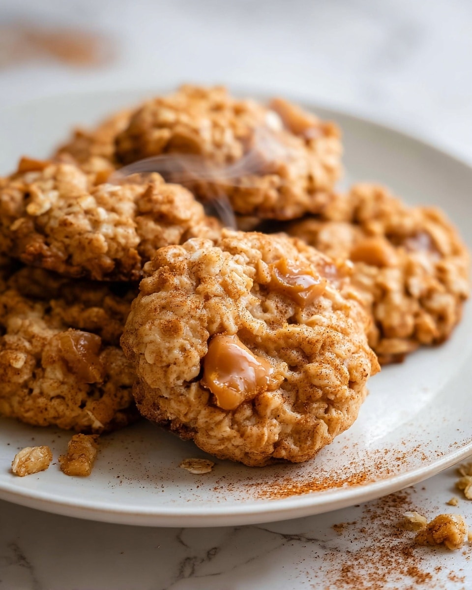 A close-up view shows several warm oatmeal cookies on a white plate, each cookie round and textured with rough oats and visible soft caramel chunks. The cookies are a light golden brown color, with a slightly chewy and moist look, and are sprinkled with light cinnamon powder. Steam rises gently from the cookies, adding a sense of freshness and warmth. The plate sits on a white marbled surface with scattered cinnamon powder and small cookie crumbs around it. photo taken with an iphone --ar 4:5 --v 7