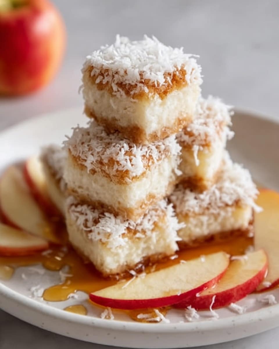 A stack of four small square coconut-covered dessert bites sits in the center of a round white plate on a white marbled surface. Each piece has a light golden bottom layer that looks dense but soft, topped with a smooth cream-colored middle layer, all coated with shredded white coconut on the outside. The top layer shows some drizzles of honey or syrup adding shine and extra color contrast. Around the stack, thin slices of red apple are arranged, adding a fresh touch to the scene. The lighting is soft and natural, highlighting the texture of the coconut and the syrup’s glossiness. Photo taken with an iphone --ar 4:5 --v 7