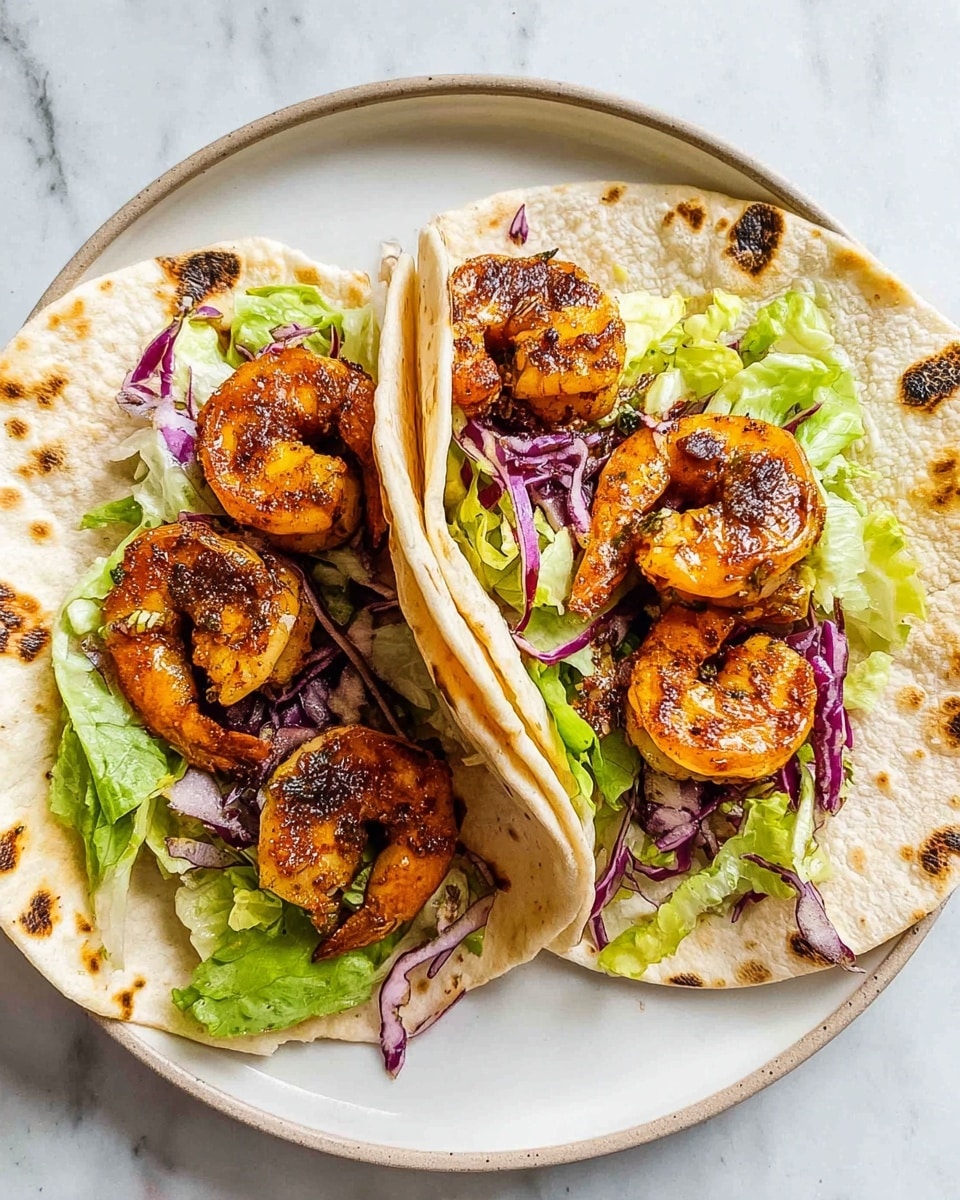 Two grilled shrimp tacos are shown on a white plate with a white marbled surface background. Each taco has a soft, lightly charred tortilla as the base, folded in half. The first layer inside includes fresh, green lettuce and thin slices of purple cabbage. On top of the greens, there are several golden-brown grilled shrimp with visible seasoning and slight charring, arranged to cover the space well. The colors of orange shrimp, green lettuce, and purple cabbage create a bright and tasty look. Photo taken with an iphone --ar 4:5 --v 7
