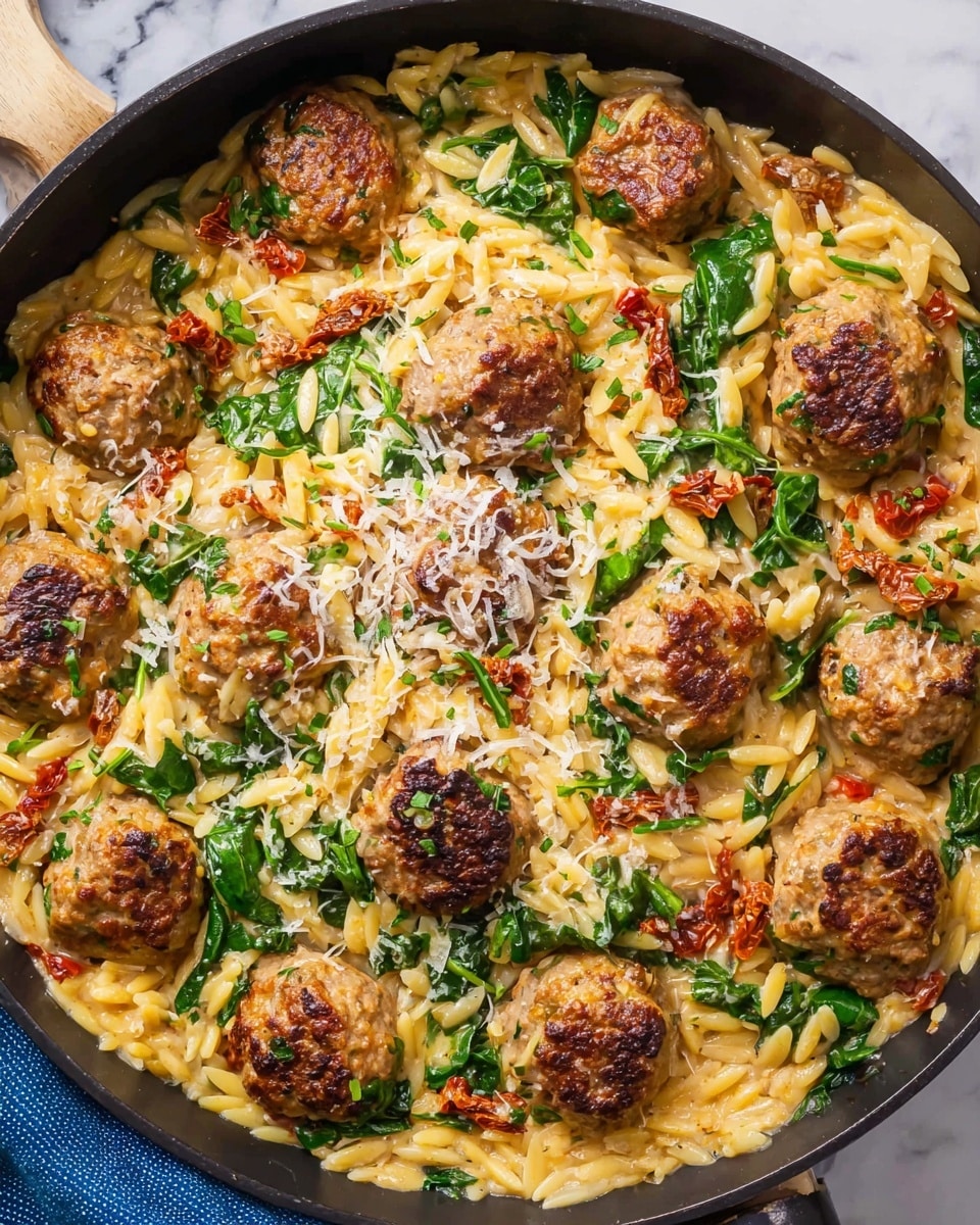 A close-up view of a black skillet filled with a creamy orzo dish topped with browned meatballs, scattered green spinach leaves, sun-dried tomatoes, and sprinkled white grated cheese. The orzo pasta is yellowish and creamy, creating a thick base layer under the golden-brown seared meatballs placed evenly throughout the skillet. Bright green spinach leaves add fresh color, while bits of sun-dried tomatoes give red contrast. The texture looks rich and hearty with a slightly glossy finish. The skillet sits on a white marbled surface and is partially covered by a blue cloth. Photo taken with an iphone --ar 4:5 --v 7