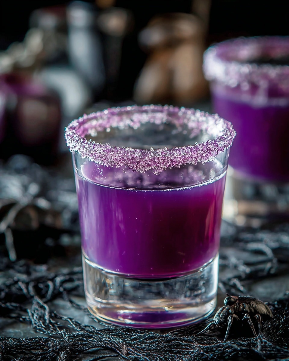 A clear glass filled with a deep purple liquid sits on a white marbled surface covered partially by a dark purple lace cloth. The glass has a thick, clear base and a rim coated with coarse pink and white sugar crystals. The liquid’s color is rich and translucent, with subtle light reflections creating a glossy texture. In the background, there is a second similar glass, slightly out of focus, also with a sugar-coated rim. Photo taken with an iphone --ar 4:5 --v 7