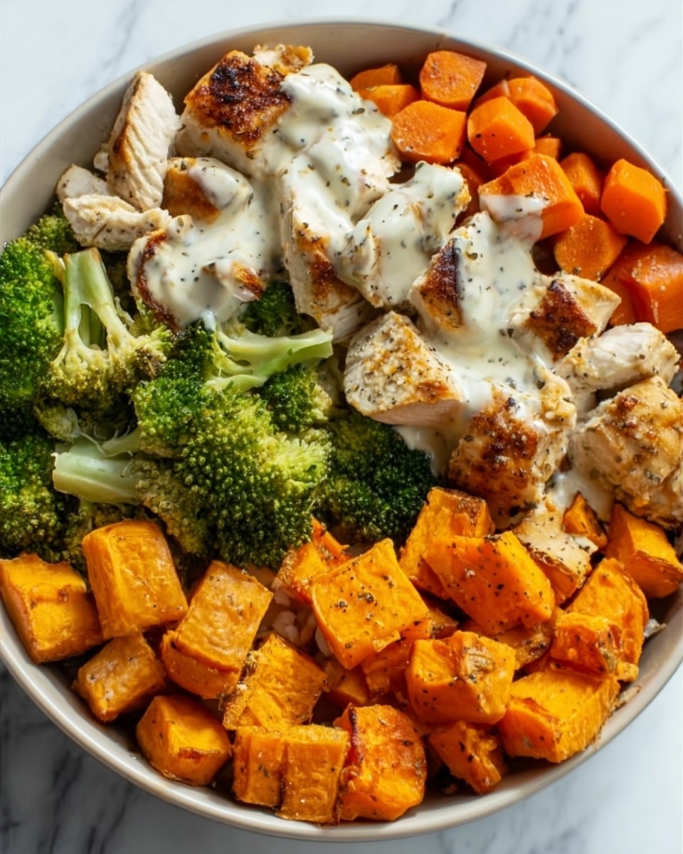 A white bowl contains a colorful layered meal with four main sections. One section has bright orange roasted carrots, cut into small pieces with a soft, slightly glazed texture. Next to it is a vibrant section of green steamed broccoli, with small florets and a slightly shiny surface. Another part has roasted white chicken pieces with brown grilled marks and a creamy white sauce with specks drizzled on top. The last section features golden-orange roasted sweet potato cubes, slightly crispy on the outside. The bowl sits on a white marbled surface. Photo taken with an iphone --ar 4:5 --v 7