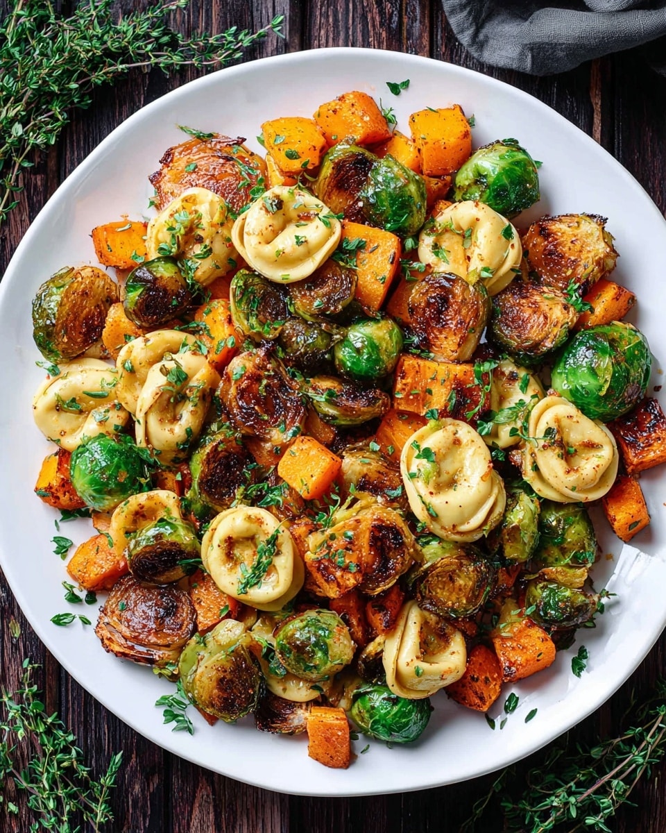 A white plate holds a colorful roasted vegetable and tortellini dish arranged in a single layer. The base layer features golden-brown roasted butternut squash cubes with slightly crisp edges, scattered evenly. Nestled among them are bright green, charred Brussels sprouts with a shiny finish. On top rest several round tortellini pieces, lightly browned and seasoned with small green herb leaves scattered all over. The dish is sprinkled with fresh green thyme leaves, adding pops of color and texture. The whole plate sits on a dark wood surface with a few sprigs of thyme nearby, enhancing the fresh and rustic look. Photo taken with an iphone --ar 4:5 --v 7