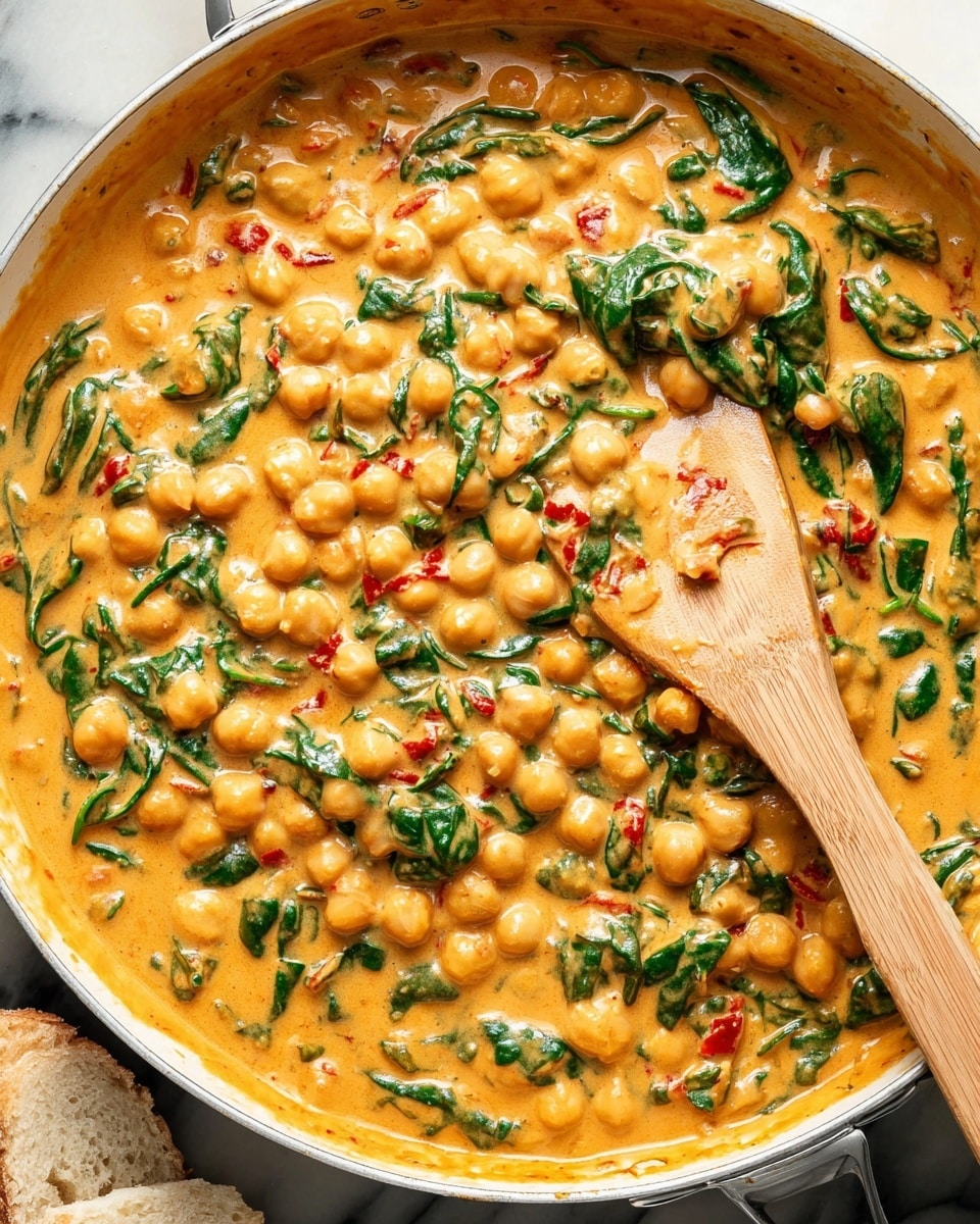 A creamy dish in a white pan filled with many golden chickpeas covered in a thick, orange-yellow sauce mixed with dark green spinach leaves and small pieces of red pepper or tomato. A wooden spatula is stirring the mixture from the right side, showing the thick texture of the sauce and the round shapes of the chickpeas. The pan sits on a white marbled surface, and a piece of light bread is partially visible at the bottom left corner. photo taken with an iphone --ar 4:5 --v 7