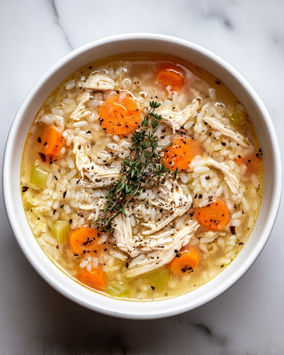 A white bowl filled with clear light yellow broth containing visible small white rice grains, bright orange carrot slices, and light green celery pieces as the base layer. On top of the soup are shredded pieces of white cooked chicken arranged loosely in the middle. Sprigs of green thyme are scattered over the chicken along with a light sprinkling of crushed black pepper spread across the surface. The bowl is set on a white marbled texture surface. Photo taken with an iphone --ar 4:5 --v 7