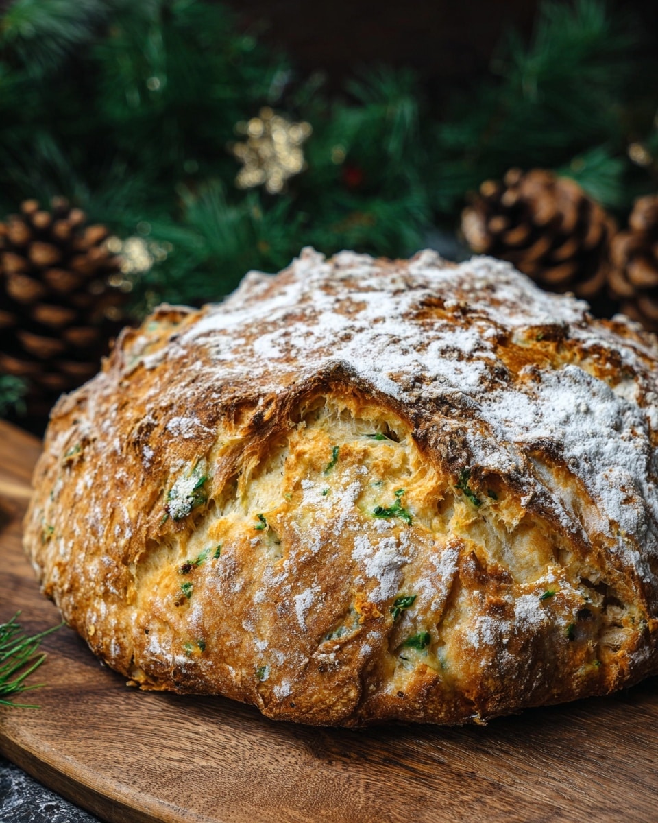 The image shows a round, rustic loaf of bread placed on a wooden board. The bread has a rough, crusty surface with a dusting of white flour on top. Its texture looks uneven and cracked, revealing hints of melted cheese and green herbs inside the golden-brown crust. The background is decorated with green pine branches and pinecones, suggesting a natural, cozy setting. The photo is taken close-up, making the bread's crispy details and the contrast between the flour and the toasted crust very clear. Photo taken with an iphone --ar 4:5 --v 7