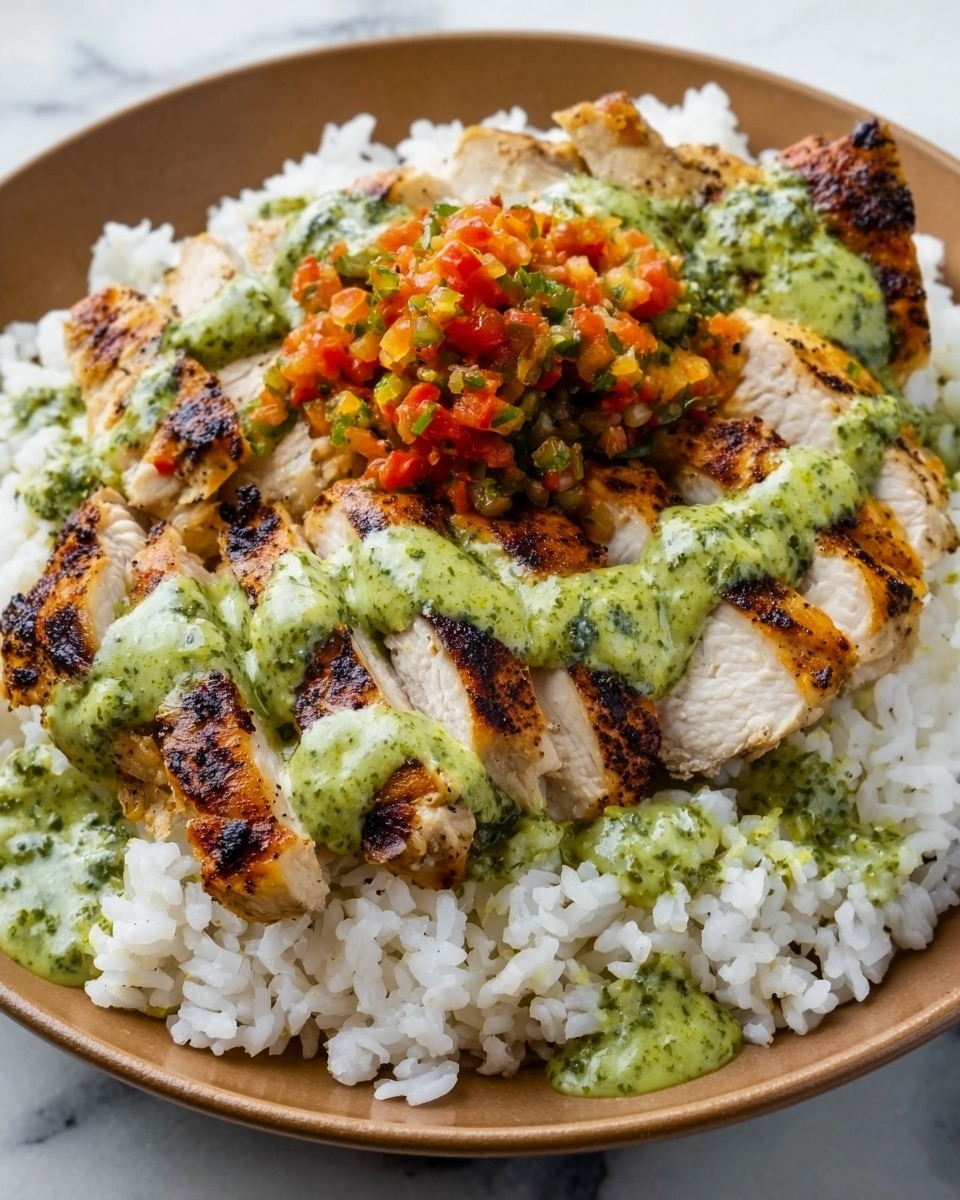 A white plate with a bed of fluffy white rice topped with several grilled chicken slices that have a light char and crisp edges. On top of the chicken, there are two sauces layered: one is a smooth, green sauce spread unevenly over the chicken, and the other is a finely chopped orange sauce or salsa placed in the center, adding texture. The overall look is fresh and colorful with a contrast between the white rice, golden brown chicken, bright green sauce, and vibrant orange topping. The background is a white marbled surface. Photo taken with an iphone --ar 4:5 --v 7