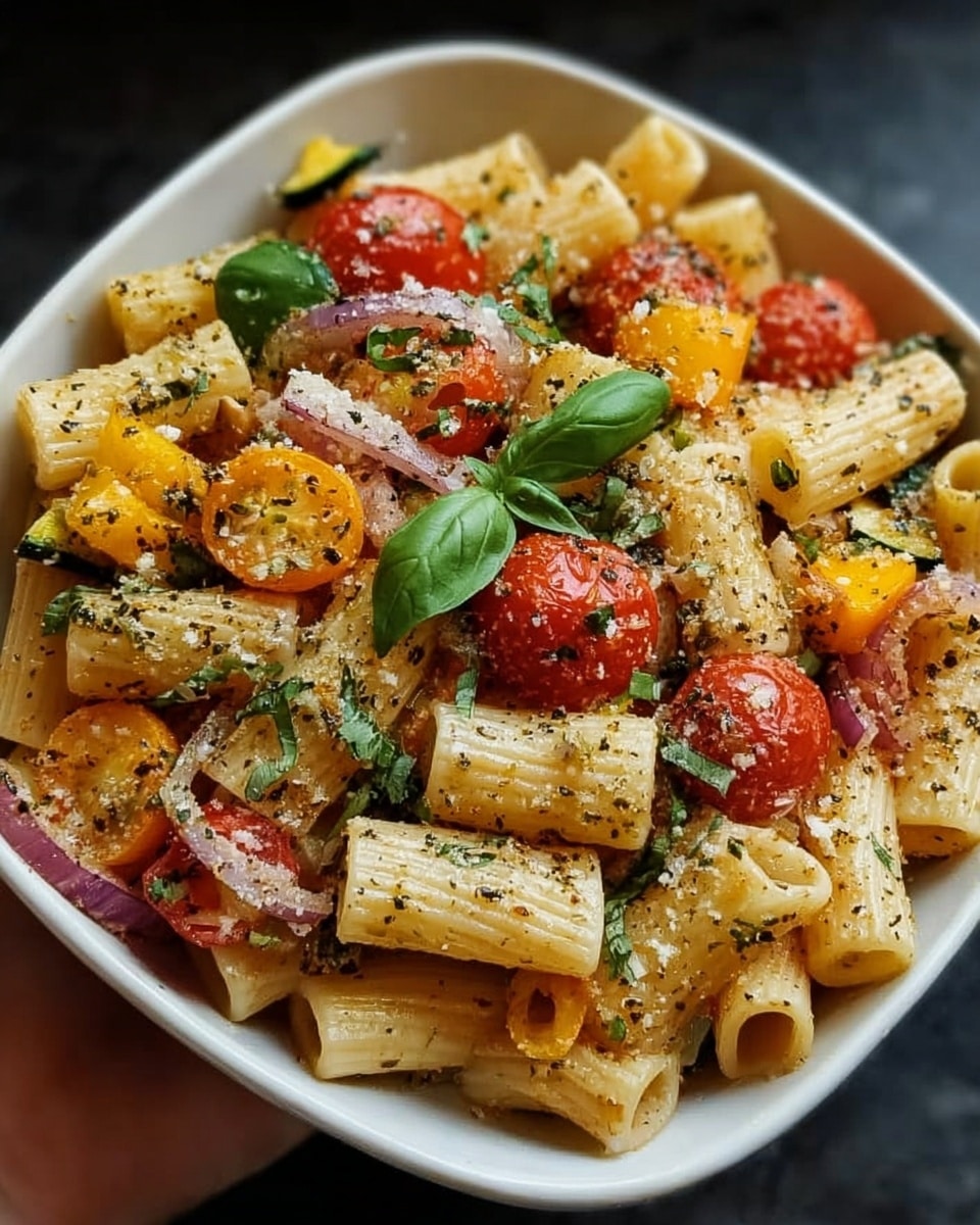 The image shows a close-up of rigatoni pasta mixed with vibrant yellow bell pepper pieces and halved cherry tomatoes that are roasted to a slightly caramelized finish. Small green basil leaves are scattered on top along with a light sprinkle of grated Parmesan cheese and cracked black pepper. Red onion slices add a touch of purple color among the golden pasta tubes. The dish is served in a white square bowl sitting on a white marbled surface. Photo taken with an iphone --ar 4:5 --v 7