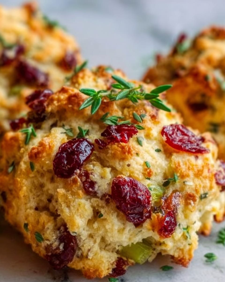 The image shows close-up of several baked muffins placed closely together. Each muffin has a rough golden-brown top layer with a crispy texture, dotted with bright red dried cranberries and small pieces of green herbs scattered evenly. The muffin base appears soft and slightly crumbly with a light beige color. The background is a white marbled texture. photo taken with an iphone --ar 4:5 --v 7