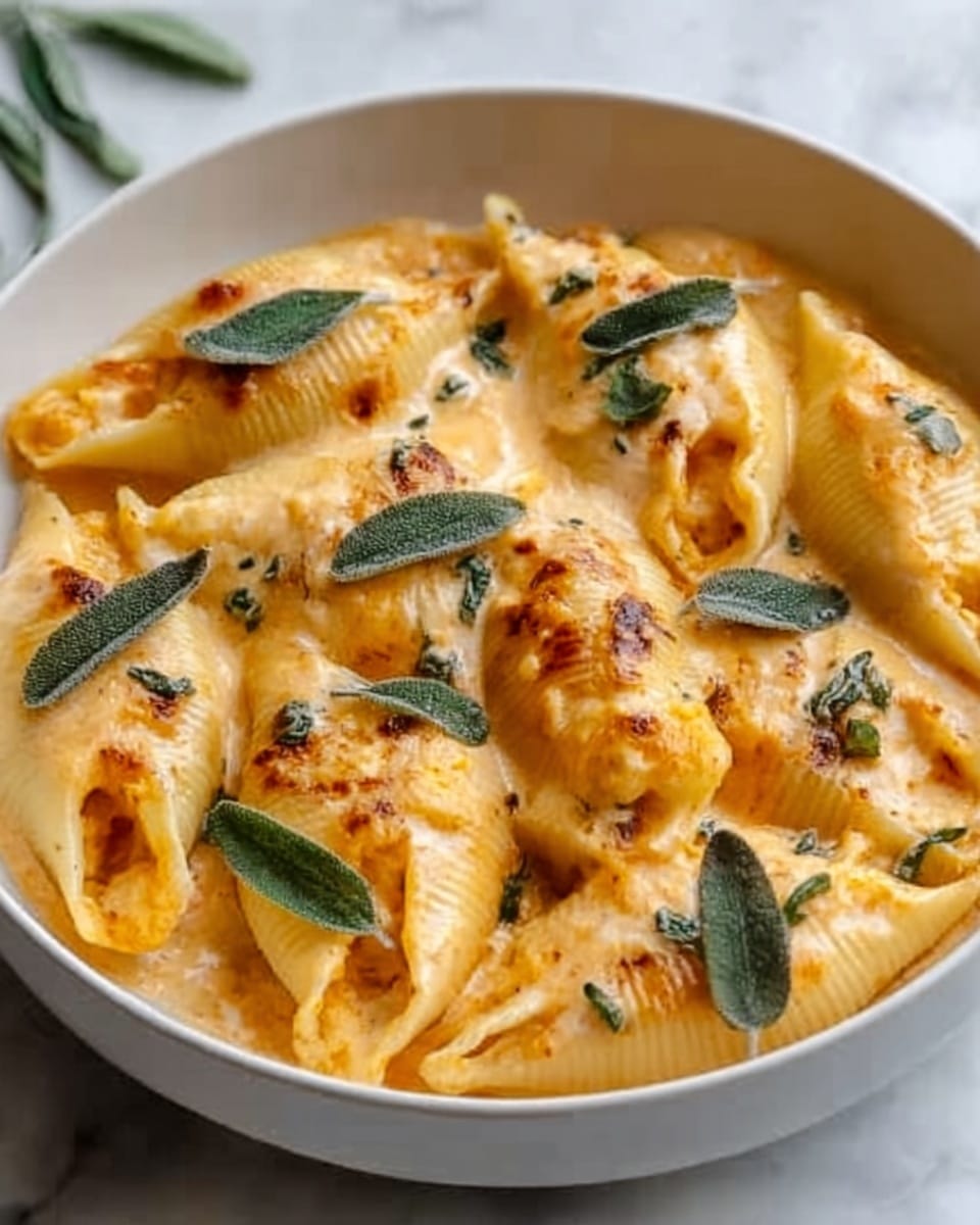 A white bowl filled with creamy baked pasta shells layered with a golden melted cheese crust on top. The pasta shells are stuffed and arranged closely, covered with a smooth, light orange cheese sauce. Green fresh sage leaves are scattered over the top layer, adding contrast against the creamy golden texture. The bowl sits on a white marbled surface, showing a soft and cozy food scene. Photo taken with an iphone --ar 4:5 --v 7
