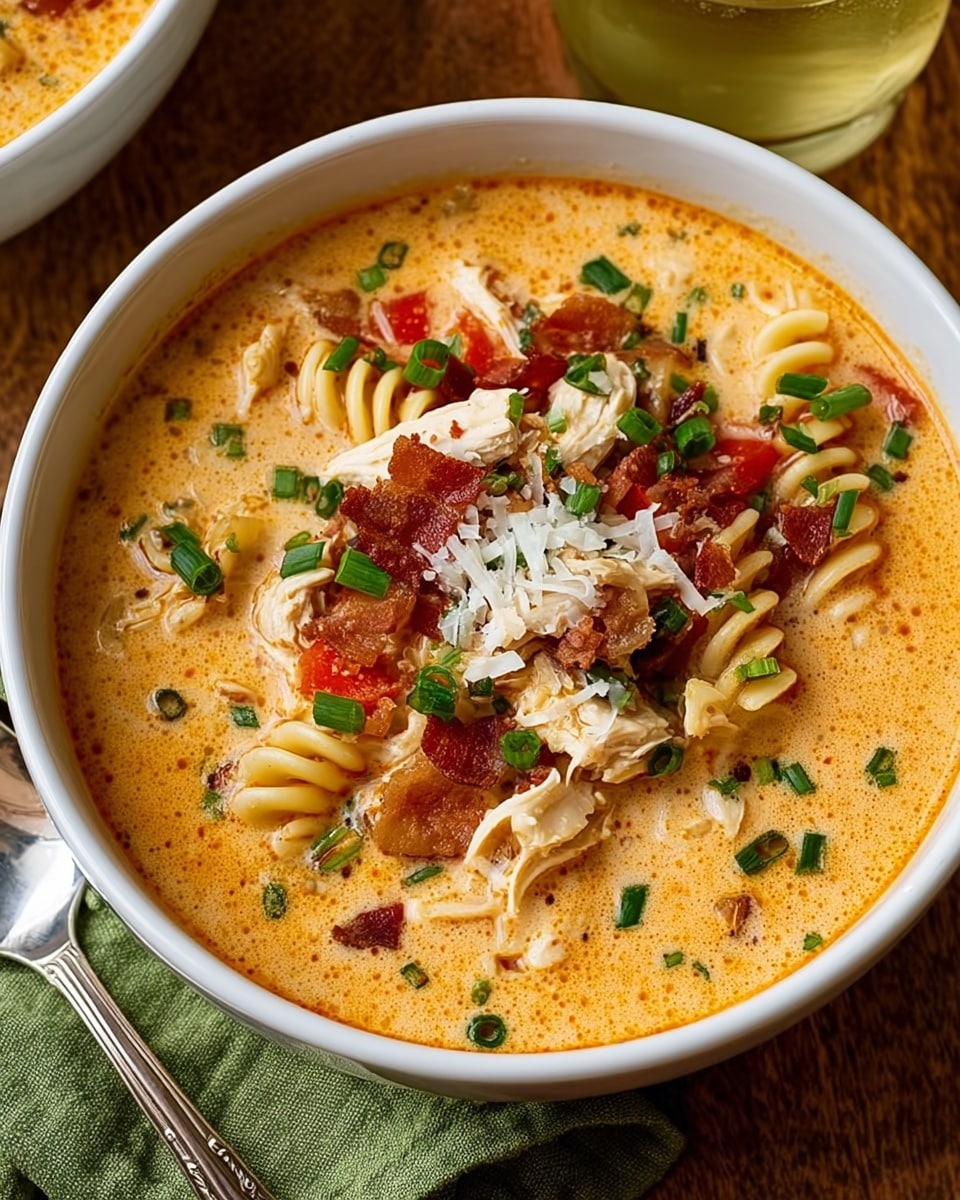A white bowl is filled with creamy orange soup that has visible textures of small pasta spirals, chunks of light brown chicken, green chopped herbs, and small pieces of red tomato. The soup surface is lightly frothy with scattered grated white cheese and bits of crispy brown bacon, all evenly spread. The bowl sits on a white marbled surface with a metal spoon nearby and a glass of light yellow liquid in the upper right corner. The overall look is warm and inviting with a comforting mix of colors and textures. photo taken with an iphone --ar 4:5 --v 7