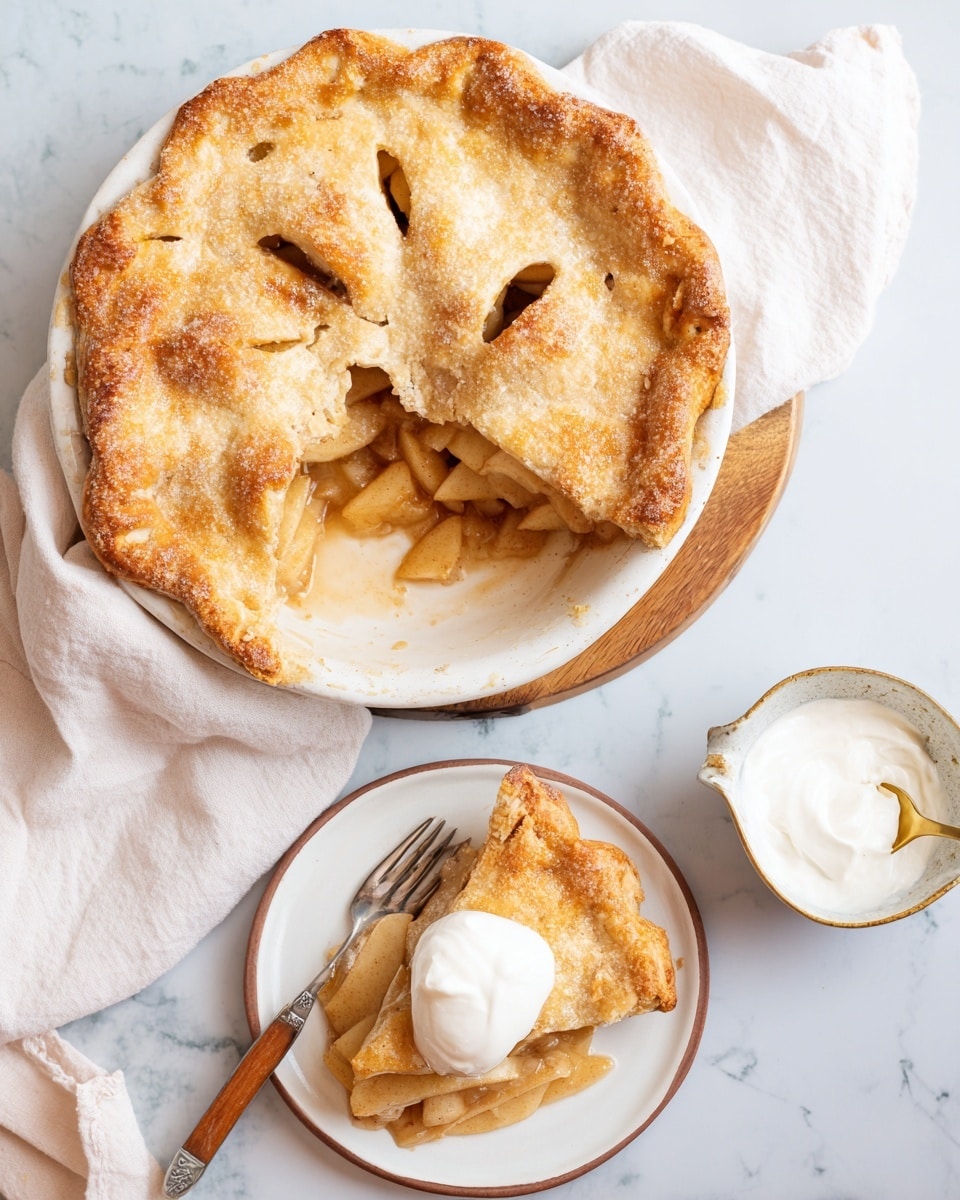 A round apple pie with a golden-brown, sugar-crusted top crust sits in a white ceramic dish on a wooden board with a white napkin underneath. The top crust has vent holes showing soft apple slices inside. A slice is cut and served on a white plate with a brown rim, showing soft, cooked apple layers topped with a dollop of white cream. A fork with a brown handle rests on the plate. A small bowl of white cream is also visible nearby, all set on a white marbled surface. Photo taken with an iphone --ar 4:5 --v 7