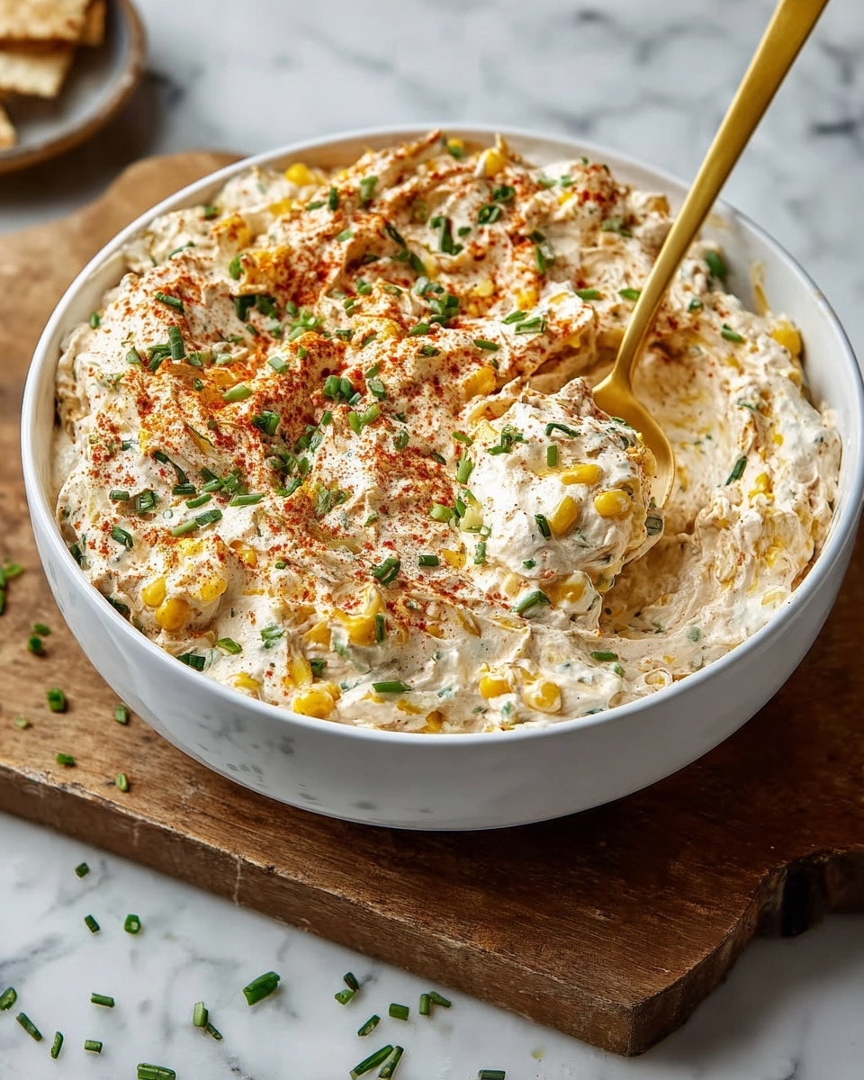 The image shows a white bowl filled with a creamy mixture that appears to be a layered dip or salad. The creamy base is light beige with visible chunks of yellow corn and small bits of green herbs or vegetables mixed throughout. The top layer is uneven and fluffy with a slightly textured surface sprinkled with reddish spice powder and small green onion pieces. A golden spoon is inserted into the right side of the bowl, slightly scooping out some of the mixture. The bowl sits on a wooden board, which rests on a white marbled surface, with small green herb pieces scattered around. Photo taken with an iphone --ar 4:5 --v 7