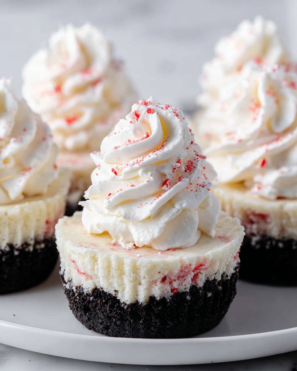 The image shows several small cheesecake cupcakes on a white plate, sitting on a white marbled surface. Each cupcake has two main layers: a dark black crumbly base forming the bottom layer, and a thick, creamy white cheesecake layer with specks of red mixed inside, sitting on top of the base. On top of each cheesecake layer is a big swirl of white whipped cream with a smooth, slightly textured surface, dusted lightly with red sprinkles, giving a soft contrast to the cream. The cupcakes are close together, with a soft focus on the background ones, highlighting the front cupcake clearly. Photo taken with an iphone --ar 4:5 --v 7