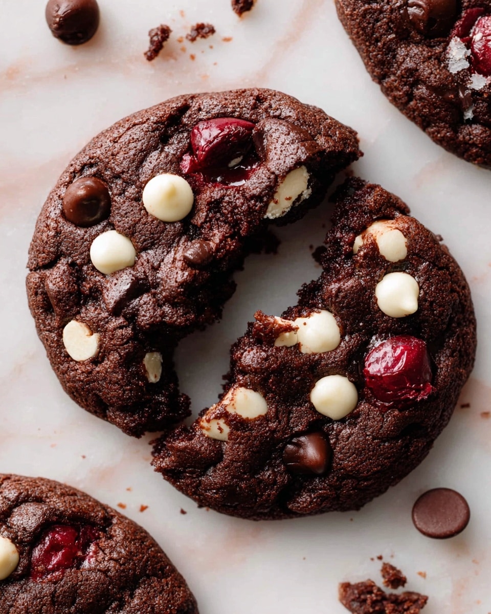 A close-up view of a thick, round chocolate cookie broken in half, showing a soft, dense texture inside. The cookie is dark brown and studded with large dark and white chocolate chips scattered across its surface, giving it a chunky, rich look. Small pieces of cherry are embedded within the cookie, adding a touch of deep red color that contrasts with the chocolate. The cookie rests directly on a white marbled surface, with a few crumbs scattered around it. Photo taken with an iphone --ar 4:5 --v 7