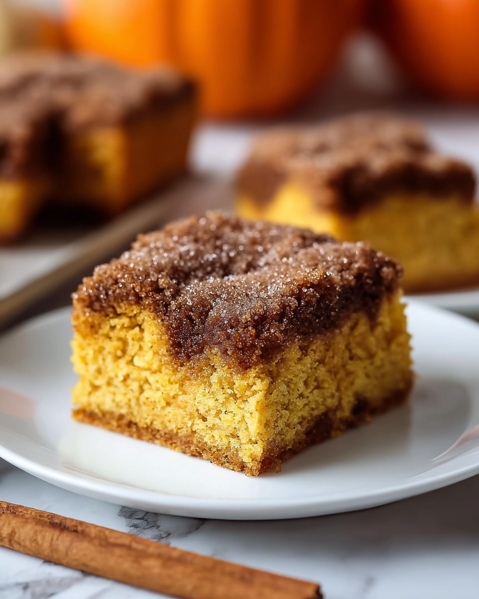 A close-up view of two square pieces of cinnamon coffee cake on a white plate, each piece showing two layers; the bottom layer is a dense, moist, golden-yellow cake with a soft texture, and the top layer is a thick, crumbly, dark brown cinnamon sugar streusel with a rough texture, sprinkled with granulated sugar that sparkles under soft lighting, resting on a white marbled surface with blurred orange fruits and a cinnamon stick in the background, giving a warm, cozy feel. photo taken with an iphone --ar 4:5 --v 7