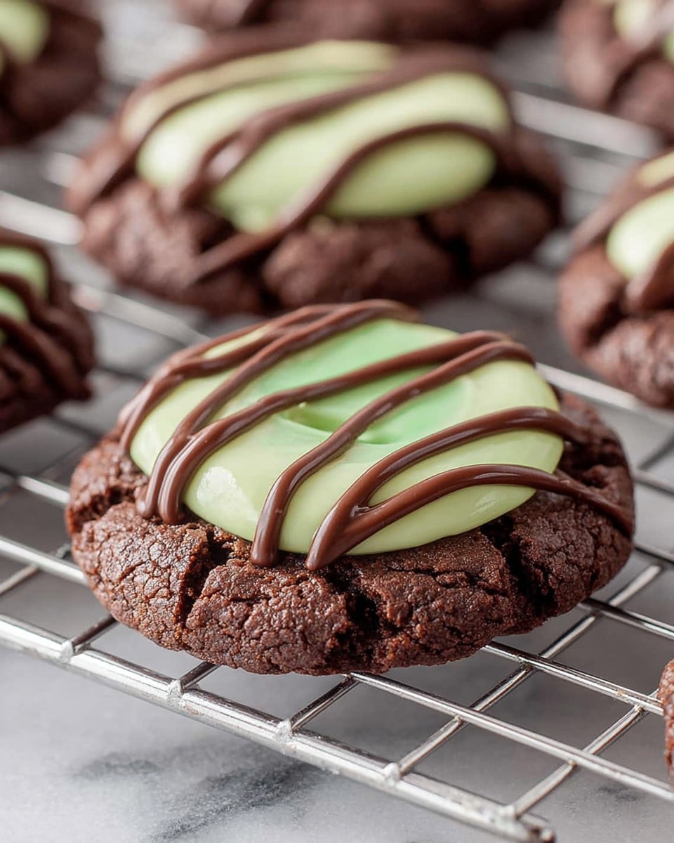 A close-up view of a cracked chocolate cookie with a rough, dark brown texture as the base layer; on top is a smooth, light green circular cream layer placed in the center; the final layer is thin drizzles of chocolate sauce in a wave pattern across the green cream, all sitting on a metal cooling rack over a white marbled surface. photo taken with an iphone --ar 4:5 --v 7