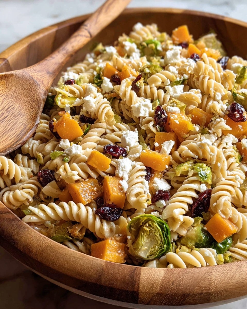 A close-up view of a wooden bowl filled with rotini pasta salad, featuring layers of twisted light beige pasta mixed with bright orange cubes of roasted butternut squash, green Brussels sprout leaves, small beige potato pieces, and dark red dried cranberries scattered throughout. White crumbled cheese is sprinkled unevenly on top, adding texture contrast. A wooden spoon is partly visible on the left side of the bowl. The setting has a white marbled texture underneath. photo taken with an iphone --ar 4:5 --v 7