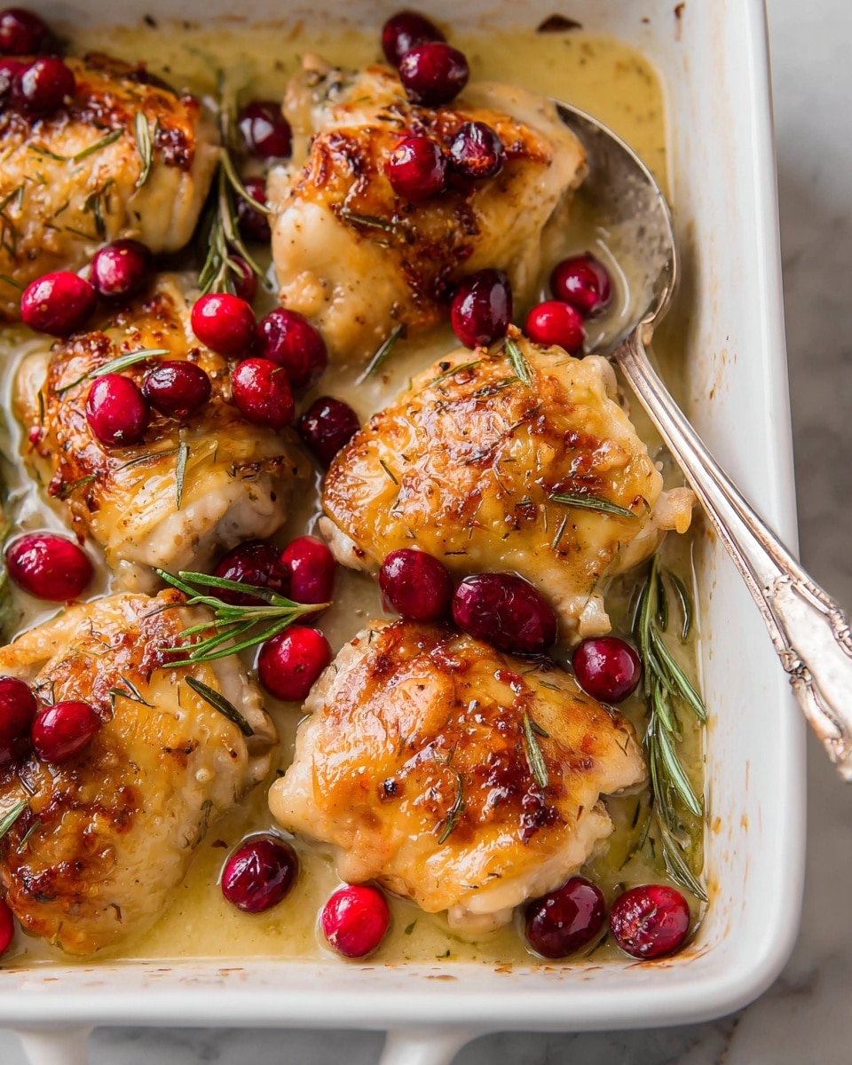 The image shows a white baking dish filled with golden-brown baked chicken thighs, with a slightly crispy skin. There are five pieces of chicken arranged close together, with bright red cranberries scattered on top and around the chicken. Small green rosemary sprigs are placed among the chicken pieces as garnish, adding a touch of green color. A large silver spoon rests inside the dish, partially submerged in a light, glossy sauce that coats the chicken. The dish sits on a white marbled surface. photo taken with an iphone --ar 4:5 --v 7
