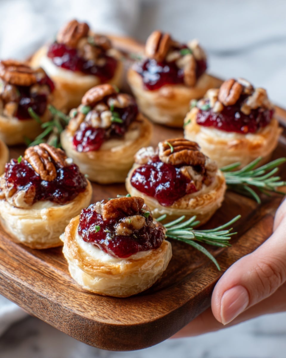 A white wooden tray holds eight small round puff pastry cups, each filled with a creamy light beige cheese layer. On top of the cheese sits a dollop of bright red cranberry sauce that looks glossy and thick. Each cup is garnished with a few pecan halves and a small sprig of fresh green rosemary. A woman's hand is gently holding the tray on the right side. The background is a white marbled texture. photo taken with an iphone --ar 4:5 --v 7