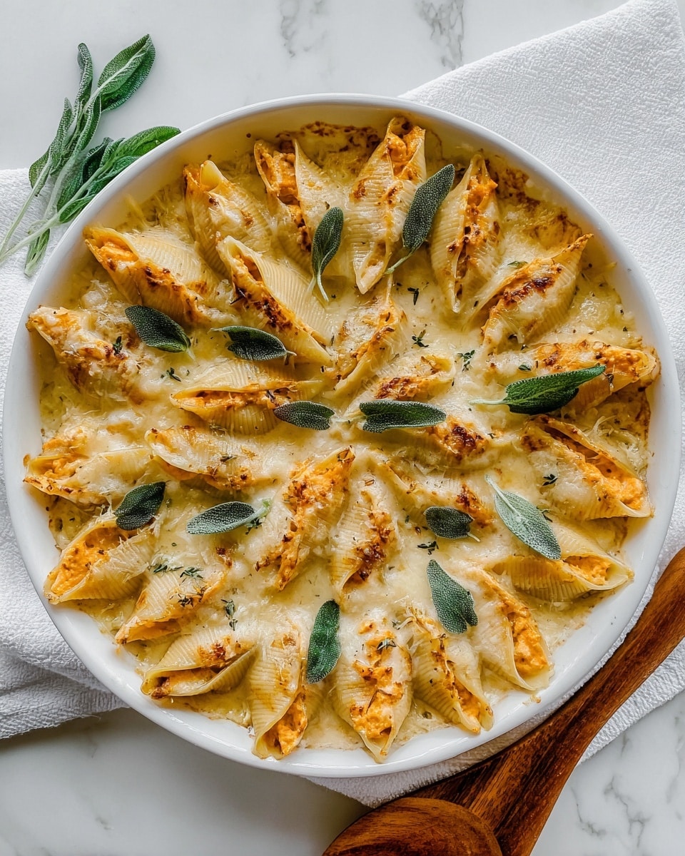 A round white dish filled with about twenty large pasta shells arranged in a circular pattern, each shell stuffed with bright orange filling and melted white cheese on top, sprinkled lightly with black pepper. Whole green sage leaves are scattered on and between the shells, adding a fresh contrast. The cheese looks creamy and slightly browned from baking, with some melted sauce pooling at the bottom of the dish. The dish sits on a wooden board placed on a white marbled surface with a white cloth partially underneath, surrounded by a few fresh green sage leaves. photo taken with an iphone --ar 4:5 --v 7