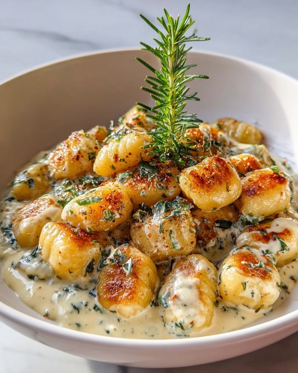 A close-up of a white deep bowl filled with golden brown gnocchi that are pan-seared to have crispy edges, covered in a creamy sauce speckled with finely chopped green herbs. The gnocchi are piled high in the bowl, and the creamy sauce pools slightly at the base with the herbs evenly mixed throughout. On top, a fresh sprig of green rosemary stands upright, adding a touch of texture and color contrast. The bowl sits on a white marbled surface. photo taken with an iphone --ar 4:5 --v 7