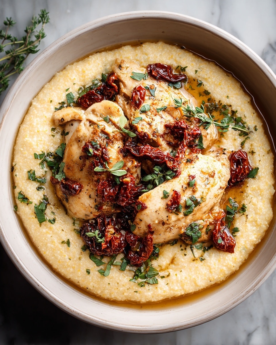 A white bowl holds a creamy pale yellow base layer that looks soft and smooth like grits or polenta, filling the bowl. On top, there are three large pieces of cooked chicken breast with a light golden-brown sear, slightly glossy from sauce. Scattered over the chicken are dark red sun-dried tomatoes, adding a wrinkled texture and rich color contrast. Fresh green herbs, finely chopped, are sprinkled all over, adding a fresh bright touch. There is some shiny sauce pooling slightly around the edges of the dish. The bowl is set on a white marbled texture surface, giving a clean, bright look. Photo taken with an iphone --ar 4:5 --v 7