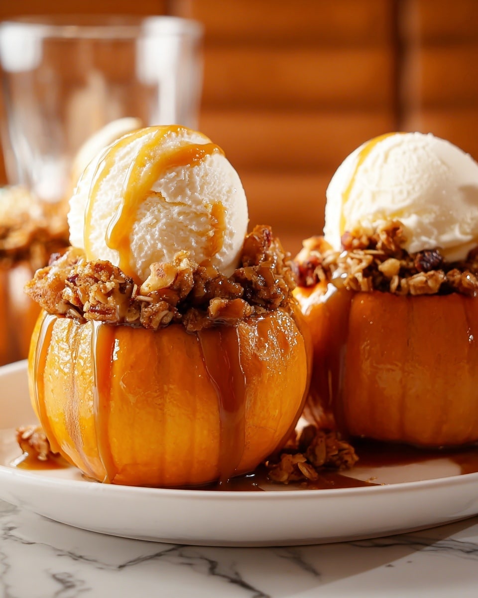 Two small pumpkin shells stand side by side on a white marbled surface, each filled with a dark brown nutty and crumbly mixture that looks crunchy. On top of this filling is a smooth, white scoop of ice cream, drizzled with shiny golden caramel sauce that also runs down the sides of the pumpkins. The texture of the pumpkin skin is slightly rough and matte, contrasting with the creamy ice cream and glossy caramel. Photo taken with an iphone --ar 4:5 --v 7