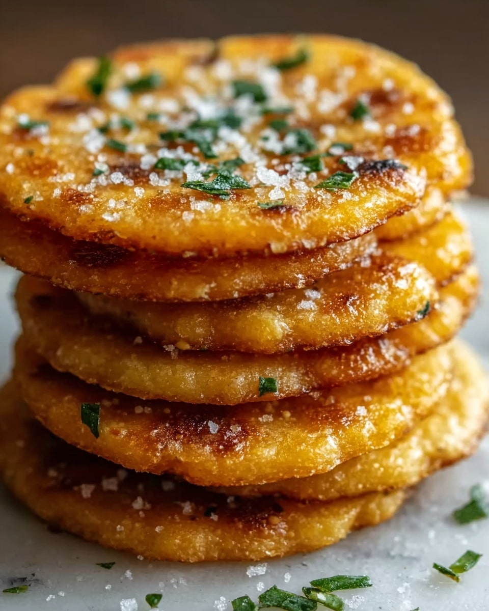 The image shows a stack of five golden-brown cooked patties with a slightly crispy texture. Each patty has a shiny surface with small bits of green herbs sprinkled on top and around them. Coarse white salt crystals are also scattered on the top patty and the others below. The stack is placed on a white marbled surface, and the edges of the patties appear soft yet well-cooked. The lighting highlights the moist and tender look of the patties, making them look warm and fresh. Photo taken with an iphone --ar 4:5 --v 7