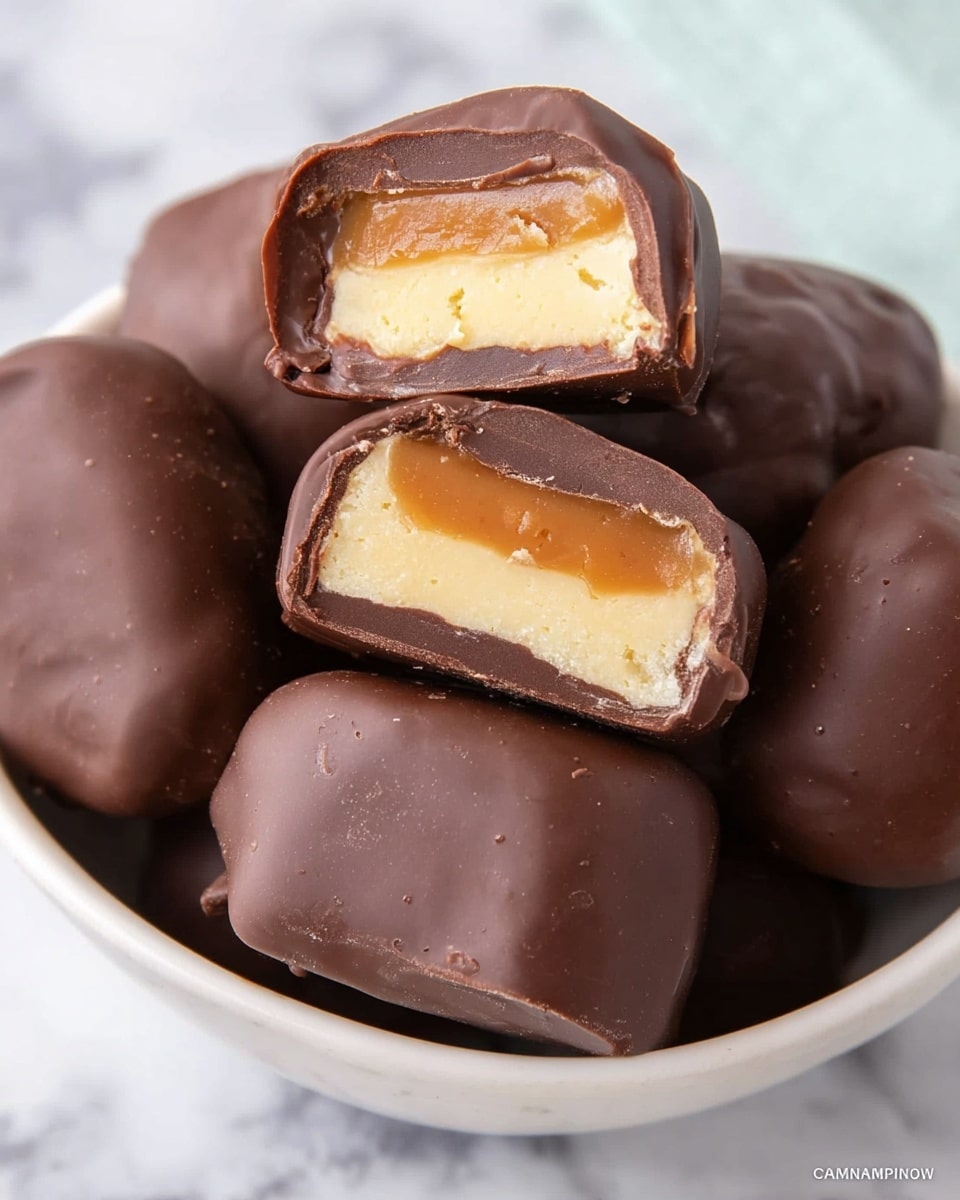 The image shows round chocolate-covered treats stacked in a white bowl on a white marbled surface. Each treat has a smooth dark brown chocolate outer layer with slight gloss and texture. One piece is cut open, revealing three layers inside: a middle orange layer that looks like a creamy peanut butter or caramel, sandwiched between two soft, pale yellow layers resembling banana slices. The contrast between the dark chocolate coating and the light, creamy interior layers is clear and inviting. The photo taken with an iphone --ar 4:5 --v 7