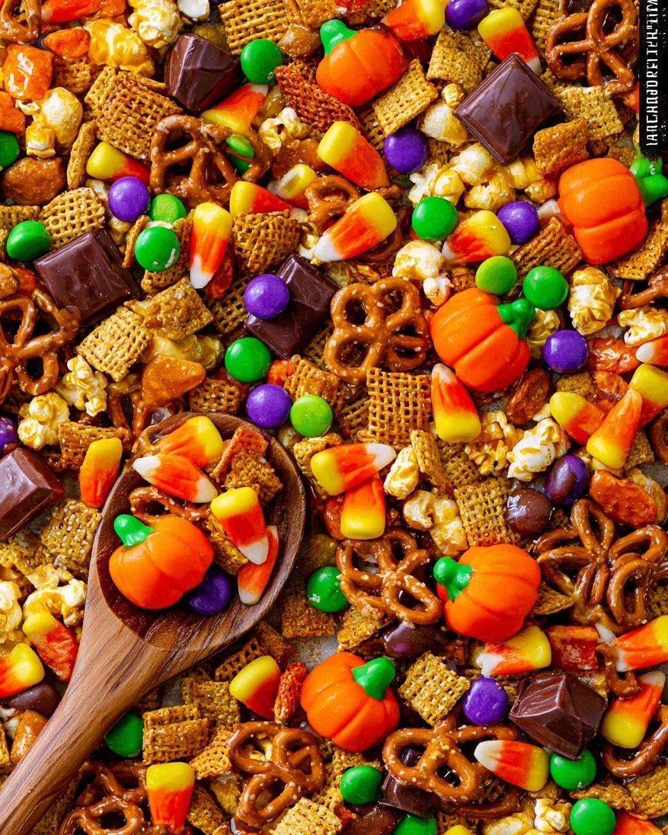 A close-up view of a colorful snack mix spread across a white marbled surface, featuring multiple layers and textures. The mix includes bright orange candy corn pieces with yellow tips scattered throughout, small round candy-coated chocolates in green, purple, red, and orange, and small pumpkin-shaped candies in orange with green tops. There are glossy chocolate-covered square pieces and clusters of golden caramel popcorn adding a shiny and bumpy texture. Light brown pretzels with a twisted shape are visible in several spots, along with small square cereal pieces in a pale yellow hue. A wooden spoon with a natural grain pattern rests on the mix, partially scooping some of the ingredients. The overall look is vibrant, textured, and festive, perfect for a snack bowl in a cozy setting. Photo taken with an iphone --ar 4:5 --v 7