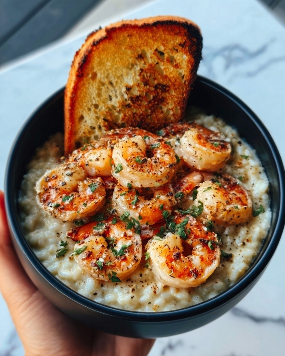 A close-up image showing a black bowl filled with creamy, white risotto topped with several cooked shrimp that have a light pink color with brown grill marks. The shrimp are arranged in a neat layer on top of the risotto. A piece of toasted bread with grill marks rests inside the bowl on one side, leaning against the shrimp. The bowl is held by a woman's hand, with the background showing a blue-tinted pool and a white marbled surface beneath the bowl. The dish looks fresh and appetizing with some green herbs sprinkled on top. Photo taken with an iphone --ar 4:5 --v 7