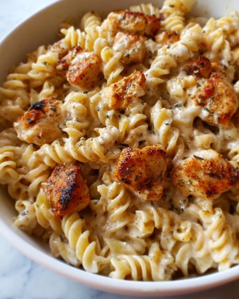 The image shows close-up rotini pasta coated in creamy sauce with multiple pieces of cooked, golden-brown chicken scattered on top. The pasta is light yellow with a smooth, slightly glossy texture, and the chicken pieces are lightly charred with a mix of orange and brown tones, showing a seasoned crust. The dish is presented against a white marbled surface in soft light that highlights the texture of the pasta and the chicken. Photo taken with an iphone --ar 4:5 --v 7