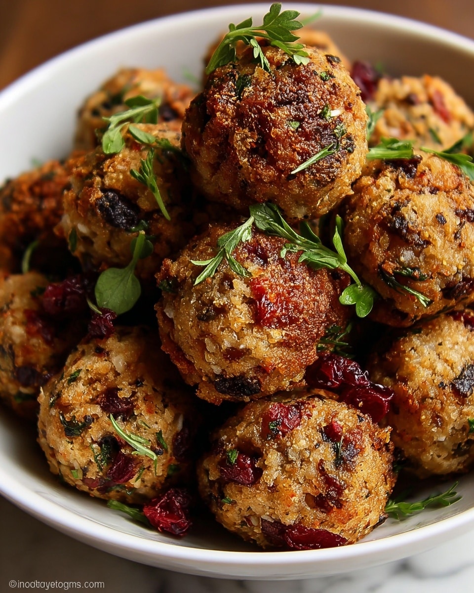 A close-up image of a white bowl full of round stuffing balls that are golden brown and crispy on the outside, with visible pieces of herbs and cranberries inside. Each ball has a rough texture with small bits of green parsley sprinkled on top and around. The cranberry pieces add dark red spots contrasting with the light beige stuffing. The bowl rests on a white marbled surface, showing a warm and inviting dish. Photo taken with an iphone --ar 4:5 --v 7