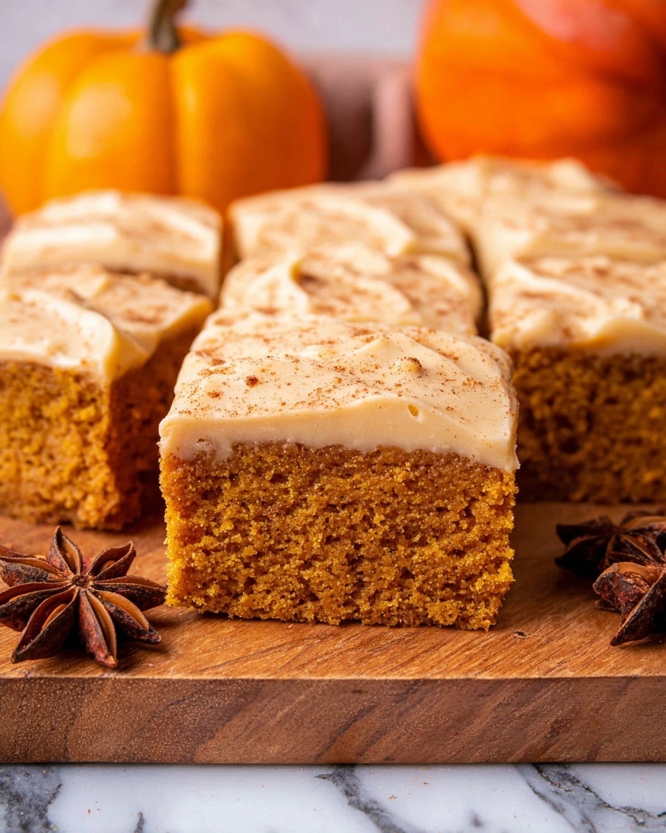 The image shows a close-up of several square pieces of cake arranged in rows on a white marbled surface. Each piece has two layers: a thick, moist, orange-brown cake base with a soft, crumbly texture and a creamy, light beige frosting layer on top sprinkled with a fine dusting of cinnamon. The front piece is slightly separated from the others, showcasing its dense texture and smooth frosting. There are star anise pods and a small orange pumpkin placed around the cake pieces, adding autumnal decoration. Photo taken with an iphone --ar 4:5 --v 7