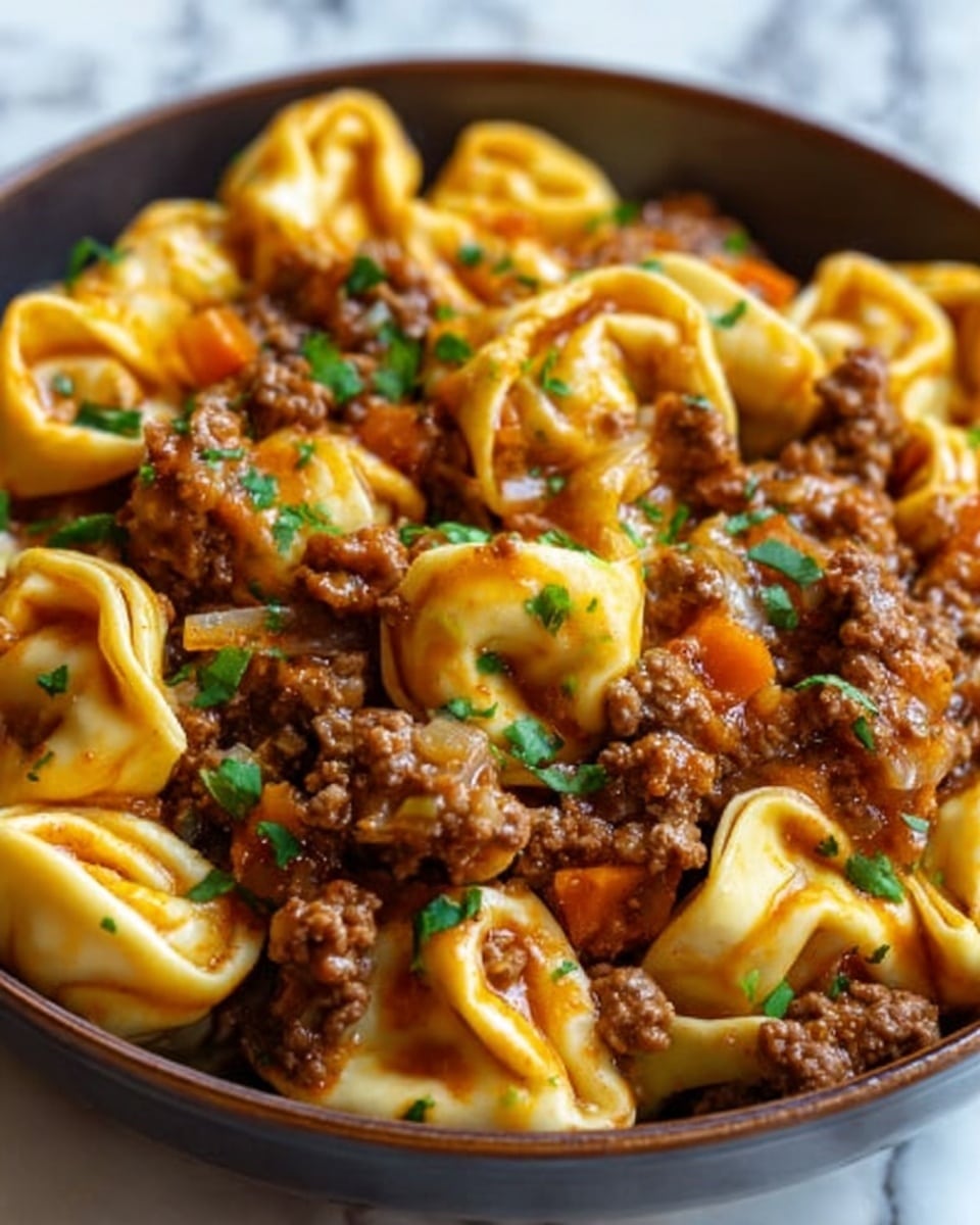 The image shows a close-up of a black bowl filled with cooked tortellini pasta mixed with ground beef and small diced carrots. The tortellini are a pale yellow color with a soft, folded texture, layered evenly throughout the dish. The ground beef is cooked and crumbly, dark brown in color, mingled thoroughly with the pasta. Small pieces of translucent cooked onions are scattered throughout, adding variation. The dish is garnished with chopped green herbs on top for a fresh touch. The bowl is set on a white marbled surface. Photo taken with an iphone --ar 4:5 --v 7