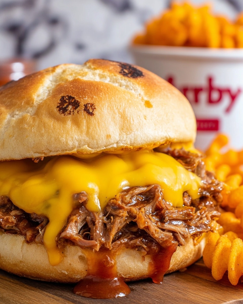 The image shows a close-up of a sandwich with a golden-brown bun that has a slightly cracked texture and a few dark spots on top. Inside, there is a generous layer of juicy, shredded brown meat mixed with a reddish sauce. On top of the meat, there is a thick layer of melted bright yellow cheese that drips down the sides. The sandwich sits on a wooden surface with some orange curly fries around it, and the background has a white marbled texture with a blurry container that has red and white colors. Photo taken with an iphone --ar 4:5 --v 7