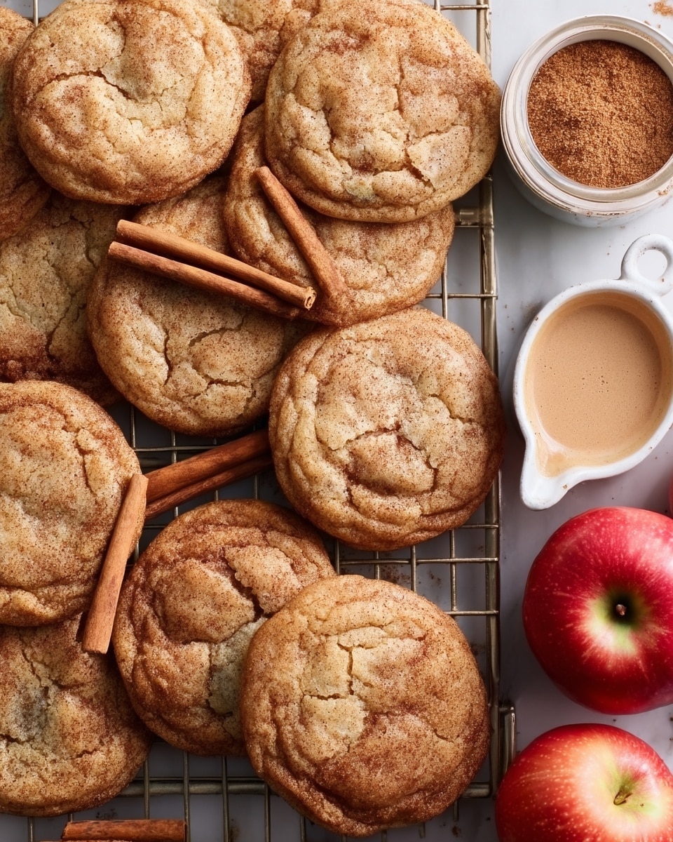 The image shows a group of soft, golden-brown cookies with cracks on the top, arranged closely on a metal cooling rack. Two cinnamon sticks lay diagonally across some cookies near the center. On the right side, there is a white measuring cup filled with a light brown sugar mixture and another cup filled with cinnamon powder. Two red apples are placed on the white marbled surface near the cookies, one at the top right and one near the bottom. All of this is set on a white marbled background. photo taken with an iphone --ar 4:5 --v 7