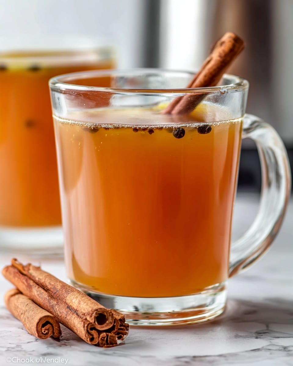 A clear glass mug filled with a warm, amber-brown drink, topped with visible small dark spices floating near the surface, and a whole cinnamon stick gently resting inside the liquid, leaning against the rim. The mug sits on a white marbled surface, with two curled cinnamon sticks placed in front at the base of the mug. In the background, there’s a blurred second glass mug with a similar drink and cinnamon stick. Photo taken with an iphone --ar 4:5 --v 7